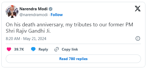 PM Modi pays tribute to former PM Rajiv Gandhi