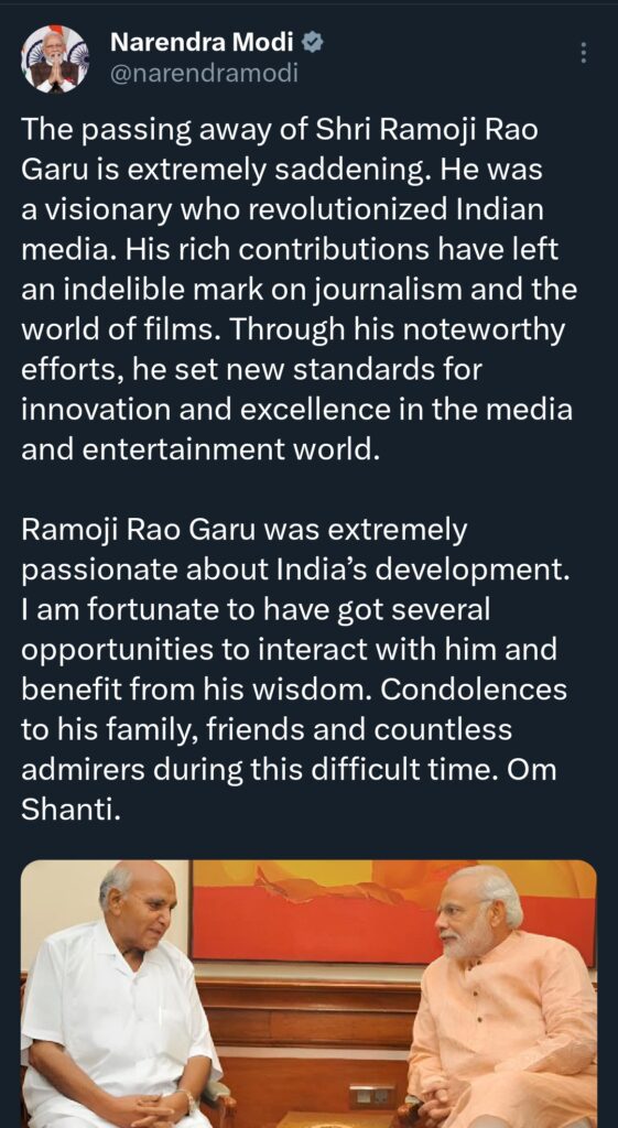 PM Modi tweet on Ramoji Rao